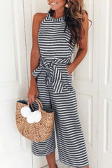 Heididress Crewneck Sleeveless Striped Bow-Knot Wide Leg Jumpsuit