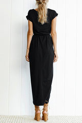 Heididress Short Sleeve Tie Waist Slit Midi Dress