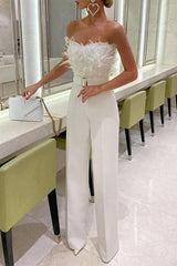 Heididress Off Shoulder Feather Splice Belted Jumpsuit