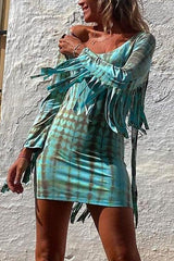 Heididress Tassel Long Sleeve Tie Dye Bodycon Dress