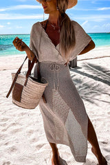 Heididress Wrap V Neck Tie Waist Side Split Cover Up Dress