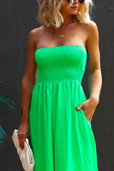 Heididress Strapless Smocked Pocketed Wide Leg Jumpsuit
