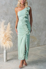 Heididress One Shoulder Slit Ruffle Mesh Maxi Dress