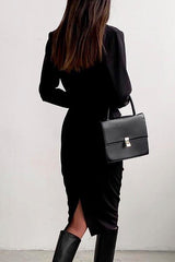 Heididress Solid Front Cross Slit Back Ruched Midi Dress