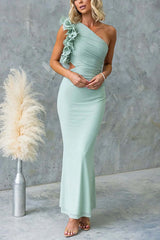 Frill One Shoulder Sleeveless Cut Out Waist Mesh Maxi Dress