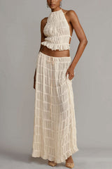 Frilled Halter Open Back Crop Top and Pleated Maxi Skirt Set