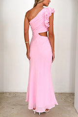Frill One Shoulder Sleeveless Cut Out Maxi Dress