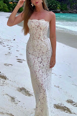 Heididress Strapless Lace Hollow Out Bodycon Maxi Dress