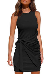 Crewneck Knot Front Ruched Sleeveless Dress
