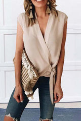 Heididress Solid V Neck Tie Waist Wrapped Top