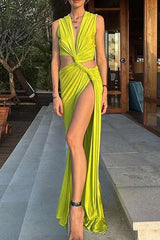 Heididress V Neck Knot Front Cut Out High Slit Sleeveless Maxi Dress