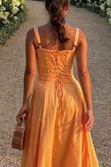 Heididress Drawstring Neck Slit Bustier Midi Cami Dress