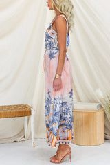 Spaghetti Strap Scenic Print Lace Trim Button Front Maxi Dress