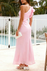 Frill One Shoulder Cut Out Waist Maxi Dress