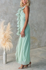 Heididress One Shoulder Slit Ruched Ruffle Mesh Maxi Dress