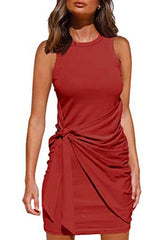 Crewneck Knot Front Ruched Sleeveless Dress