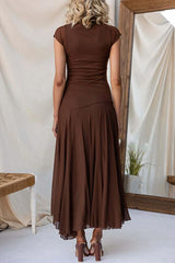Mockneck Cap Sleeves Ruched Mesh Maxi Dress