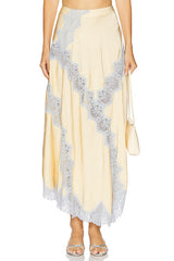 Heididress High Rise Color Block Lace Trim Satin Maxi Skirt