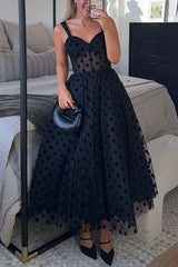 Heididress V Neck Mesh Polka Dot A-line Midi Cami Dress