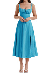 Heididress Drawstring Neck Slit Bustier Midi Cami Dress