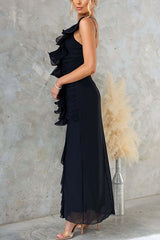 Heididress One Shoulder Slit Ruched Ruffle Mesh Maxi Dress