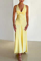 Heididress V Neck Back Tie Bow Cut Out Satin Maxi Dress