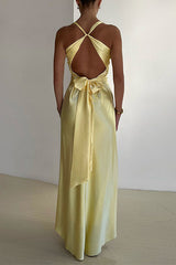 Heididress V Neck Back Tie Bow Cut Out Satin Maxi Dress