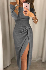 Heididress Off Shoulder Waisted Slit Glitter Party Dress