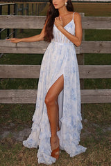 Heididress Back Lace-up Ruffle Hem Slit Floral Print Maxi Cami Dress