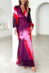 V Neck Puff Long Sleeves Tie Dye Maxi Dress