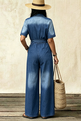 Denim 1970s Lapel Button Belted Waist Jumpsuit