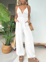 Women's Deep V Neck Tencel Denim Jumpsuit