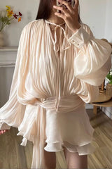 Heididress Long Sleeves Lace-up Tie Waist Ruffle Mini Dress