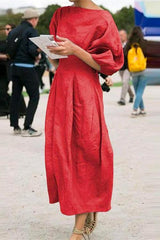 Heididress Lantern Sleeve Ruched Midi Cotton Linen Dress