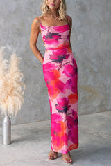 Backless Lace-up Floral Print Bodycon Maxi Cami Dress