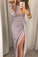 Heididress Off Shoulder Waisted Slit Glitter Party Dress