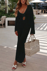 Heididress V Neck Long Sleeves Backless Crochet Hollow Out Knit Maxi Dress