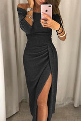 Heididress Off Shoulder Waisted Slit Glitter Party Dress