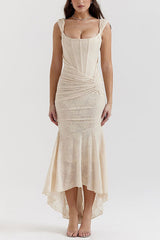 Heididress Sleeveless Ruched Waist Ruffle Hem Jacquard Maxi Dress