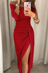 Heididress Off Shoulder High Split Ruched Party Maxi Dress