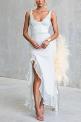 Glitter V Neck Sleeveles Ruffle Slit Maxi Dress