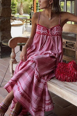 Heididress Crochet Top Printed Flowy Ruffle Maxi Cami Dress