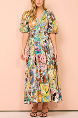 Heididress V Neck Puff Sleeves Cotton Linen Unique Print Maxi Dress