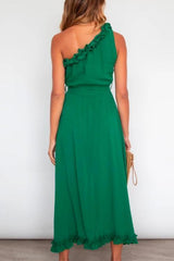 Heididress One Shoulder Sleeveless Tie Waist Ruffle Swing Dress