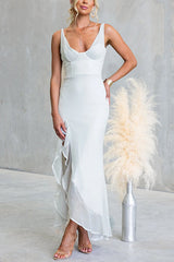 Glitter V Neck Backless Ruffle Slit Maxi Cami Dress