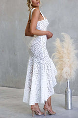 Sleeveless Lace High Low Hem Ruffle Maxi Dress