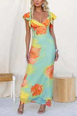 V Neck Ruffle Short Sleeves Floral Print Maxi Dress