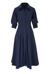 Lapel Button Up Solid Midi Shirt Dress