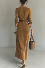 Heididress Long Sleeves Button Up Faux Suede Belted Maxi Dress