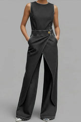 Women's Relaxed Round Neck Sleeveless Casual Loose Denim Wide-Leg Jumpsuit